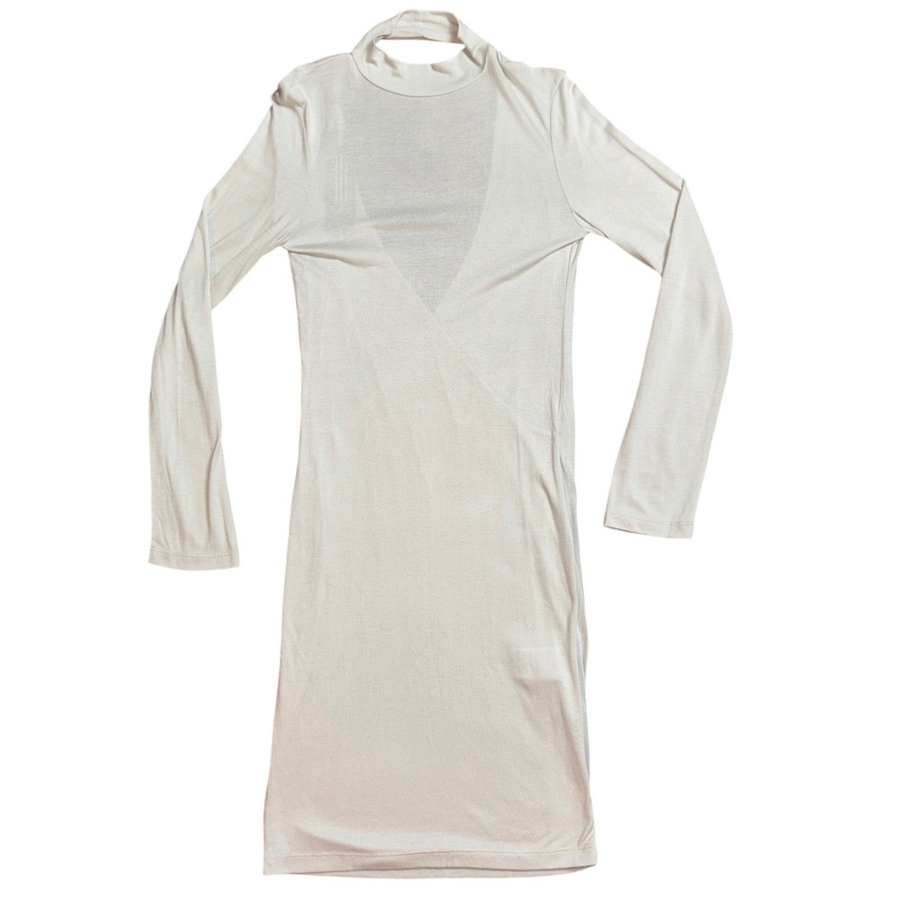 Religion Bodycon Lunar Grey Beaded Long Sleeve Mock Neck Open Back Midi Dress